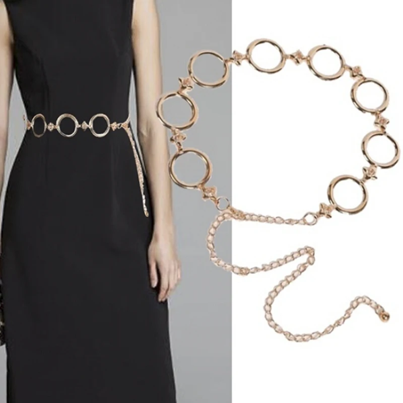 

Women Fashion Elegant Round Chain Belt Female Gold Waist Dress Thin Metal Belts 110cm Long Designer Tassel Fringe Chains