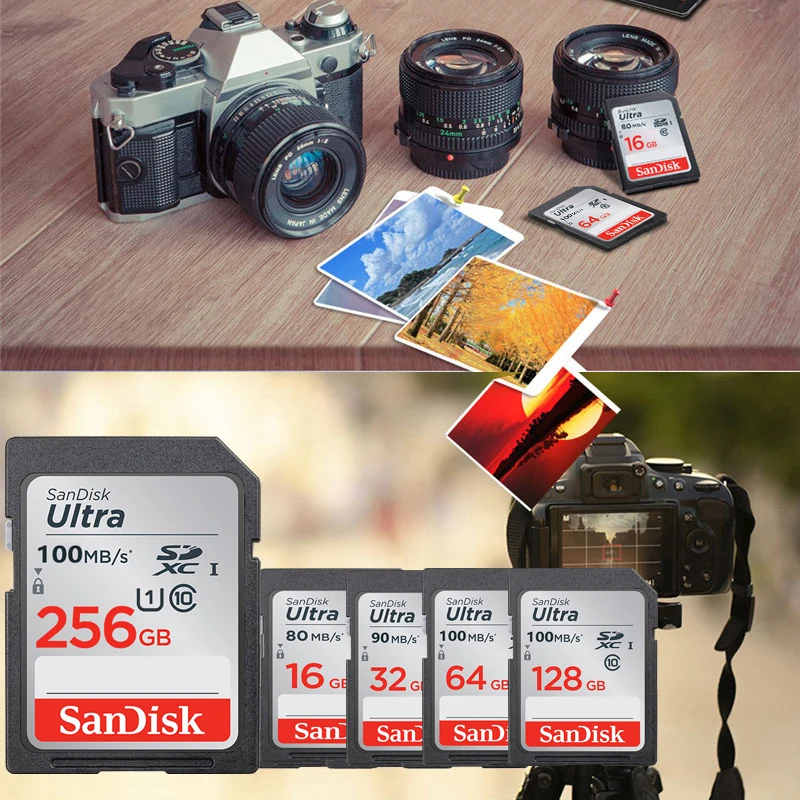 SanDisk Ultra Original SD Card 16GB 32GB SDHC 64GB 128GB SDXC Class10 Memory Card C10 R80MB/s 533X USH-1 Carte SD for Camera