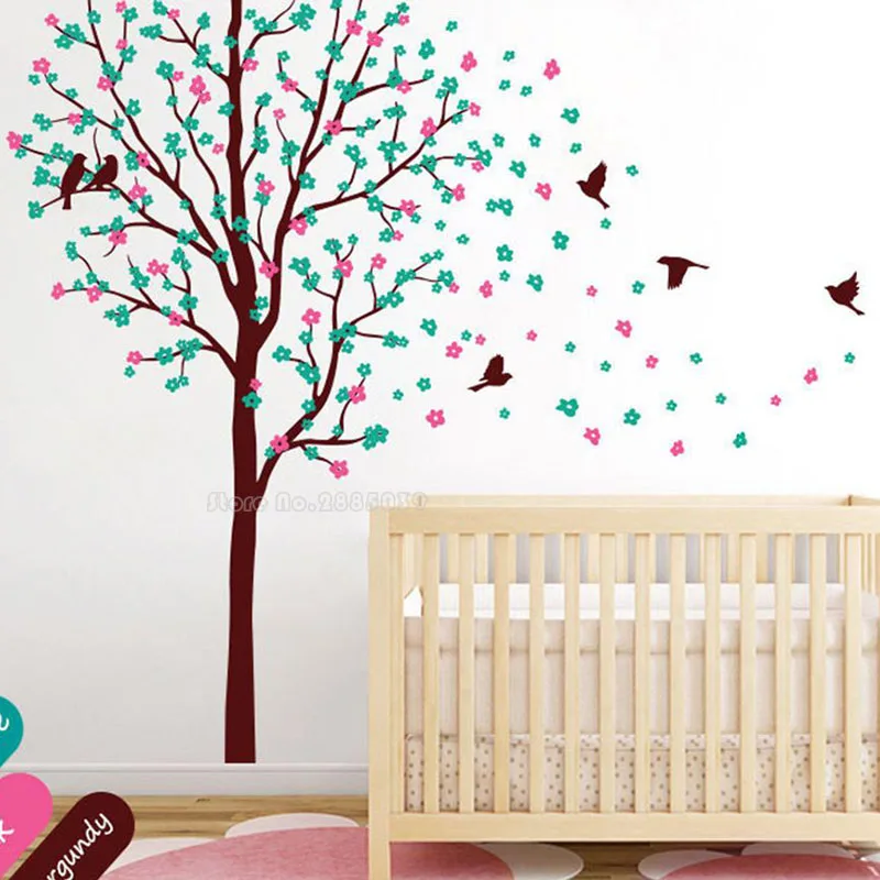 

Cherry Blossom Tree Wall Decals Baby Room Nursery Large Tree With Flowers Wall Stickers For Kids Room Vinyl Wall Tattoo LL2333