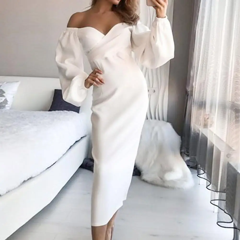 

Women Party Dress Elegant Off Shoulder Mid-Calf Length Sheath Dress Vintage Fashion Puff Sleeves Evening Formal Dress