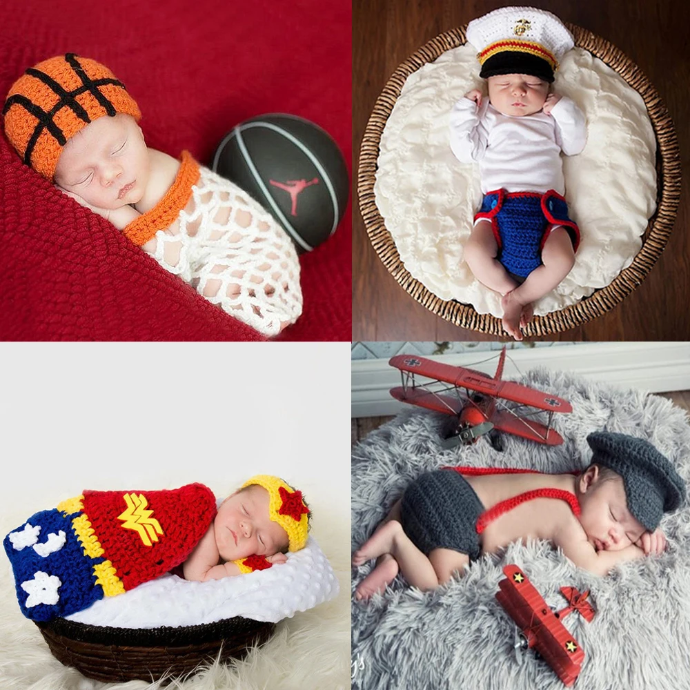 Newborn Baby Photography Props Outfits Basketball Hat Designer Knitting Hoop Set for Boys Girls New Orange Babe Costume
