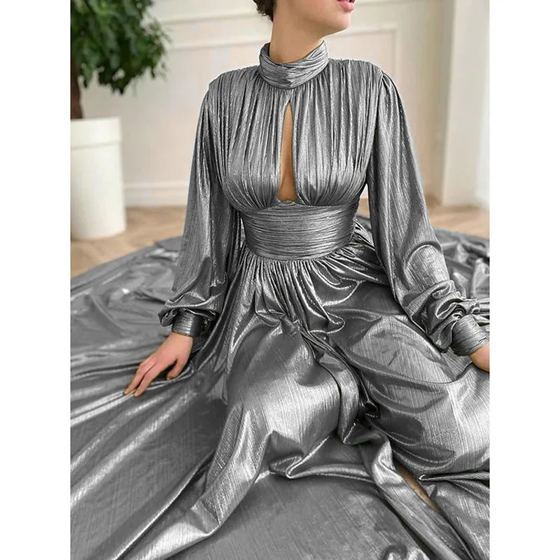 

Fashion Silver Party Dresses Elegant Long Sleeves Plain Stand Collar Female Floor-Length Expansion Maxi Dress 2022 New Year