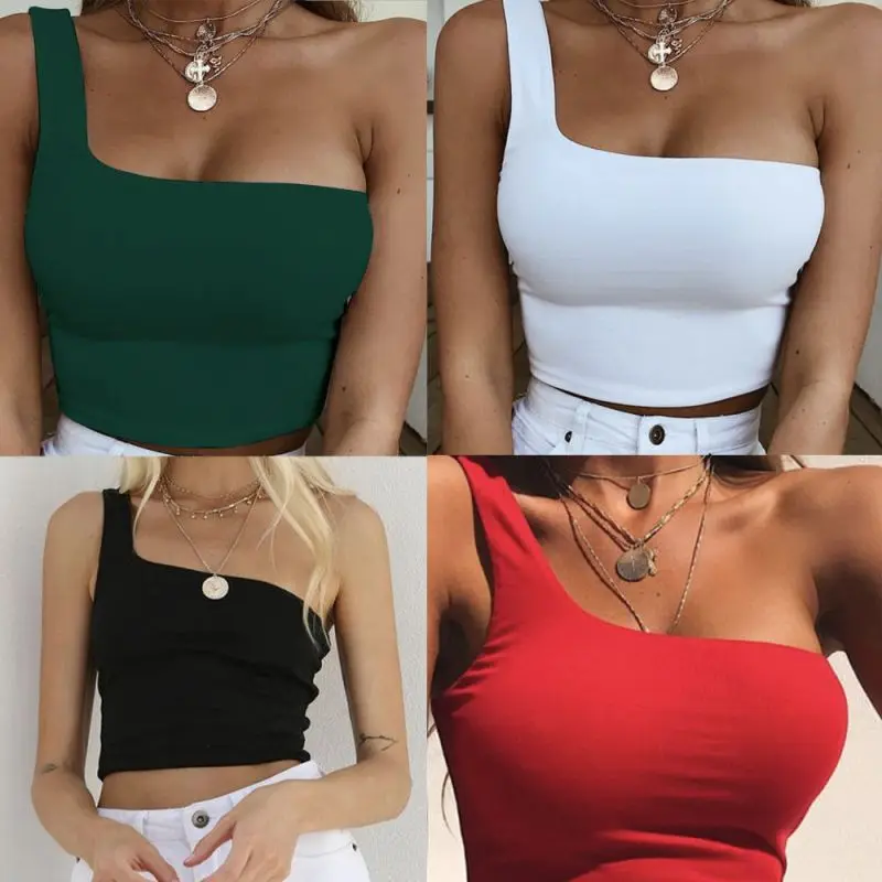 

Women Lady Female One Shoulder Crop Tops Sleeveless T-Shirt Tank Tops Summer Beach Vest Bare Midriff Summer