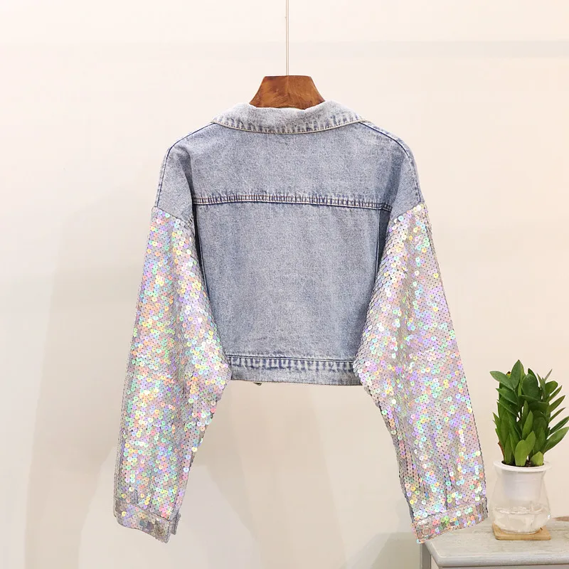 Spring Autumn New Multicolored Sequins Batwing sleeve Denim Jacket Women Loose Short Jeans Female Outwear Chaqueta Mujer | Женская