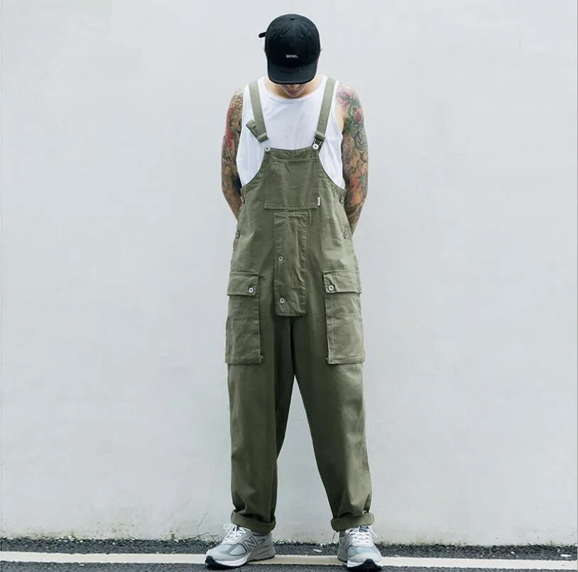 

Men Overalls Multi-pocket Cargo jumpsuit 2020 Design Streatwear Casual rompers Men Hip Hop Retro Spaghetti Strap Trousers w857