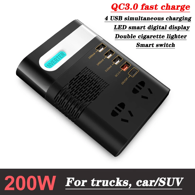 

LISM 200W DC 12V/24V to AC 220V 50HZ 4USB QC 3.0 Car Inverter Portable Charger Double Socket ABS Plastic LED Display Converter
