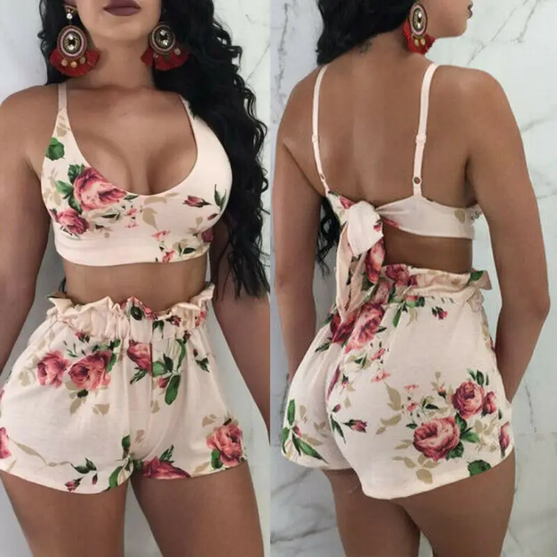 Женский раздельный купальник с высокой талией бикини цветочным принтом пуш-ап и