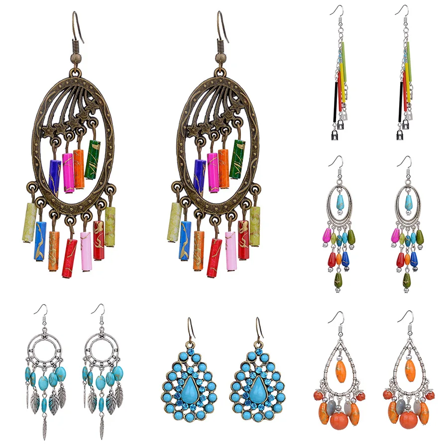 Женские серьги в богемном стиле круглые 5 видов цветов с бусинами и кисточками