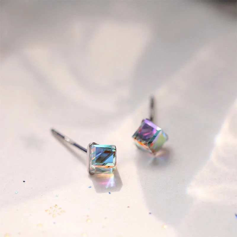 

925 Sterling Silver White Square Stud Earrings Label Simple Personality Crystal Temperament Trendy Jewelry