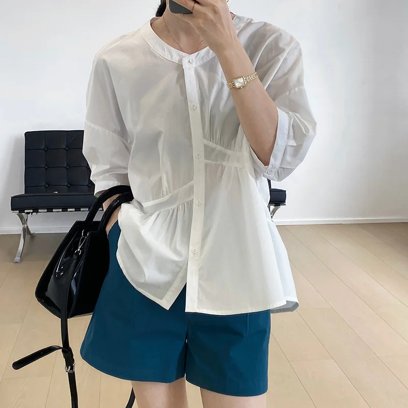 

Korean Style Asymmetric Pleated Shirt Women's 2021 Summer Design Stitching Cotton Top Women's Blouse