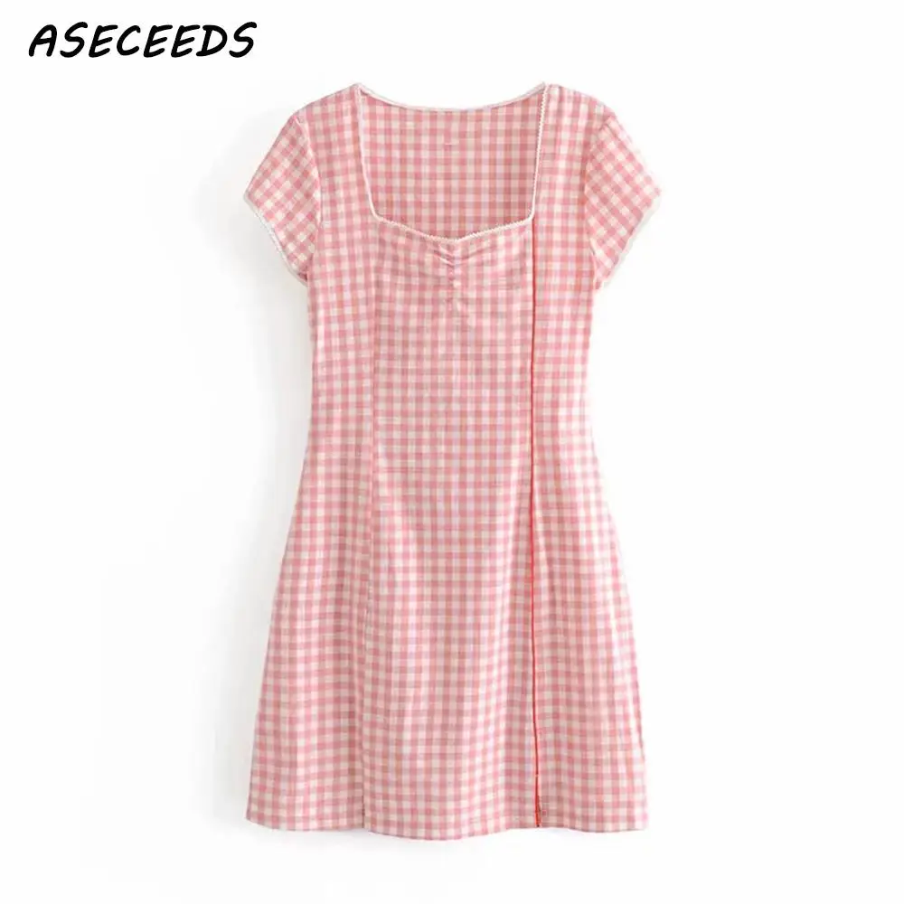 

2019 Summer dress women short sleeve plaid Kawaii pink dress streetwear female casual sexy mini dress korean clothes vestidos