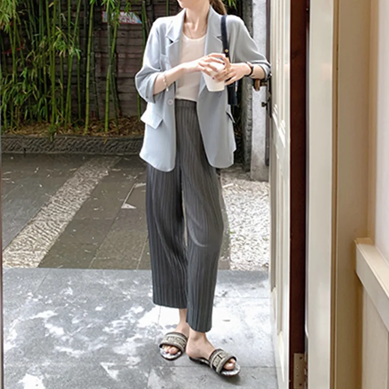 

Limiguyue Fashion Pleated Pants Women Loose Wide Leg Straight Pants Spring Summer Casual High Waist Trousers Steetwear K2338
