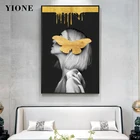Современная черно-белая женщина с желтой бабочкой, холст, картины, абстрактная фигурка, настенный плакат, картина, принты, домашний декор