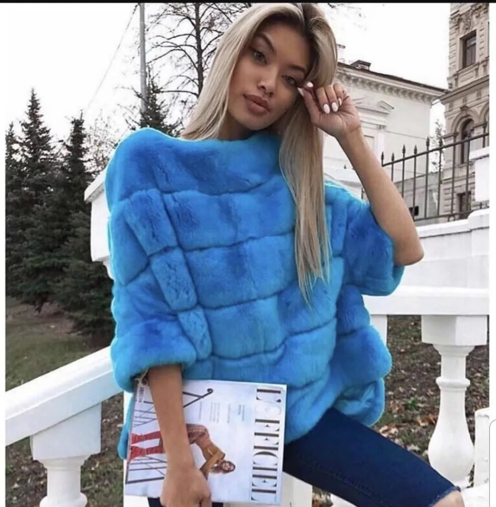 EIFURKOP Настоящий мех кролика пончо пальто куртка в полоску с рукавом летучая мышь пушистые зимние теплые Половина рукава одежда пуловер Топы
