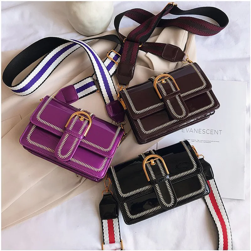 

Pu women bag Korean version Crossbody Bags creative embroidery thread small square bag wide shoulder belt single shoulder bag