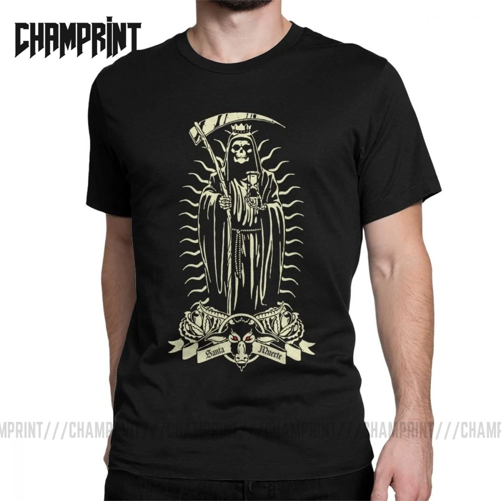 

Santa Muerte T-Shirt Men Saint Death Goth T Shirts Mexican Death Muertos Mother Skull Fashion Cotton Tee Shirt Short Sleeve Tops