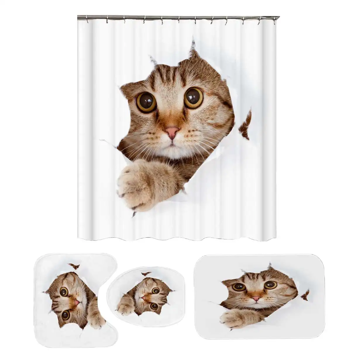 

Cat Pattern Bathroom Waterproof Shower Curtain Non-Slip Toilet Seat Cover Carpet Rug Bath Mat Pedestal Rug For Bath Room Shower