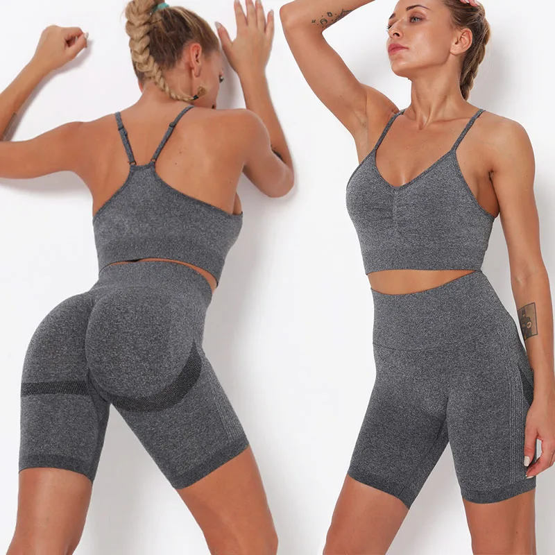 

2 PCS Seamless Yoga Set Sports Suit Women Workout Clothes Medium Support Sport Bra+High Waist Gym Tanks Shorts Female Sportwear