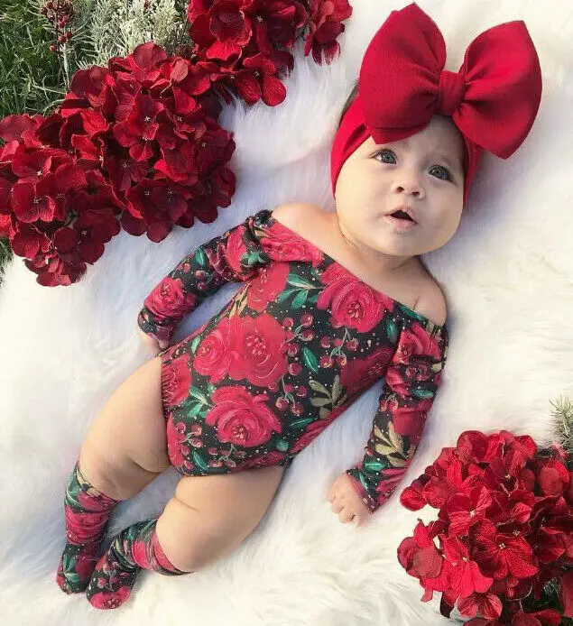 

3PCS Baby Girl Floral Clothes Newborn girls Off Shoulder Long Sleeve Romper Headband Socks Outfits Set Infant Kid 0-24M
