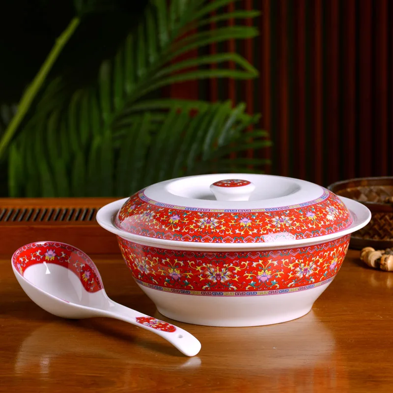 Jingdezhen red powder color ceramic soup bowl with cover Chinese household Bone China large capacity soup bowl soup basin