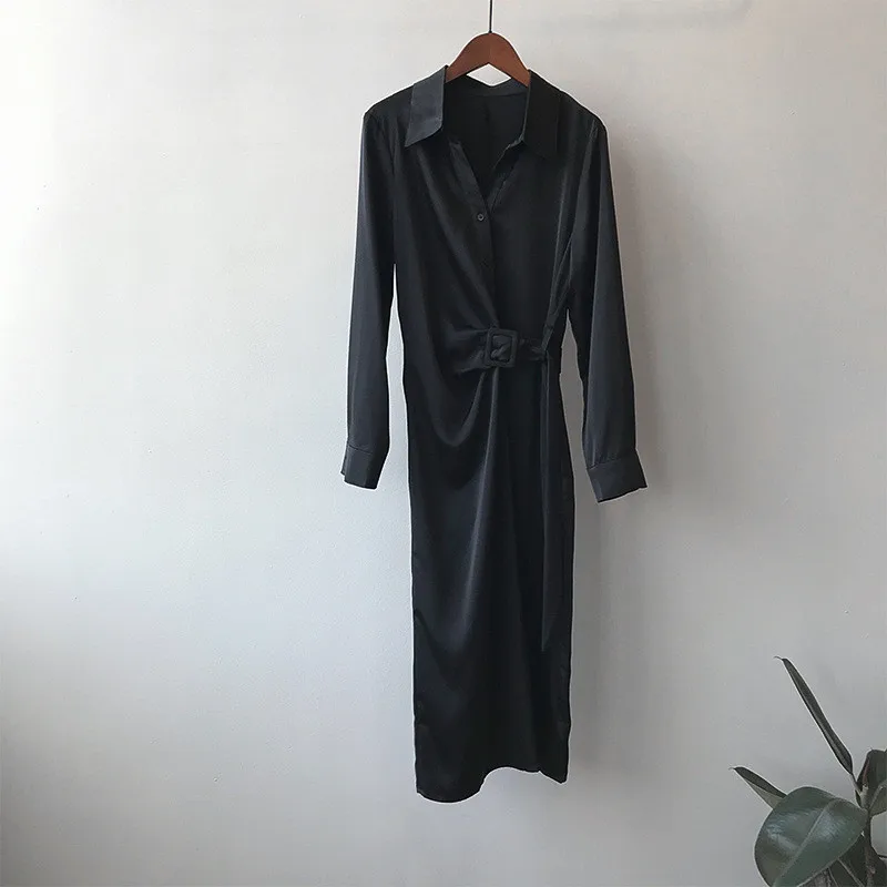

Korean And Japan Style Fashion Front Knotted Elegant Spring Long Sleeve Satin Dress Wholesale