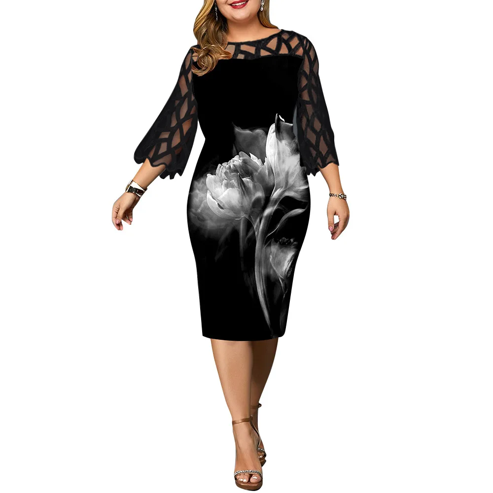 

Women's Dress 4xl 5xl 6xl Plus Size Dress for Ladies Birthday Mesh Printed Black Party Dress Sexy Clubwear Summer 2022