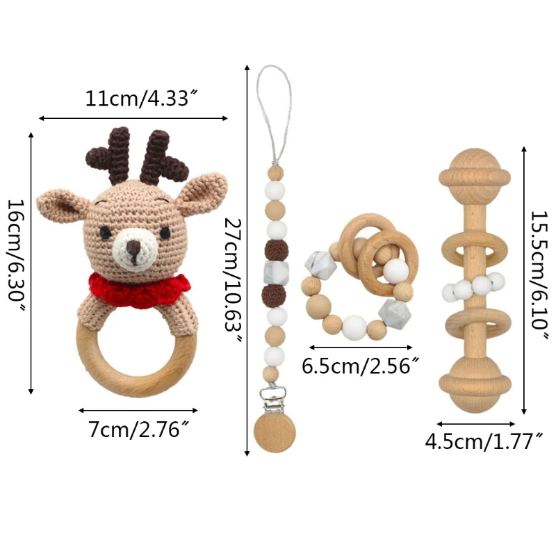 

Baby Pacifier Clip Dummy Chain Holder Wooden Teething Bracelet Crochet Elk Soother Toy Rattle Soother Molar Infants Teether