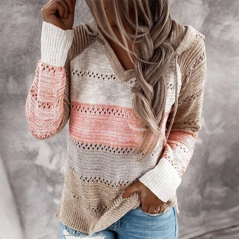

Autumn Women Patchwork Hooded Sweater Long Sleeve V-neck Knitted Sweater Casual Striped Pullover Jumpers 2021 New Female Hoodies