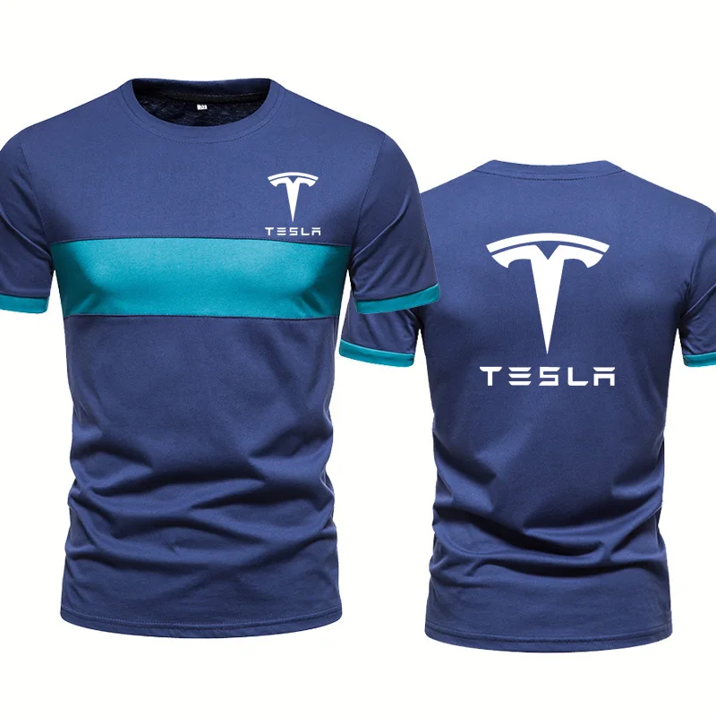 

Summer Men's T-shirt Tesla Car Logo Printed Casual Splicing high quality cotton Collocation Men's short sleeve tops