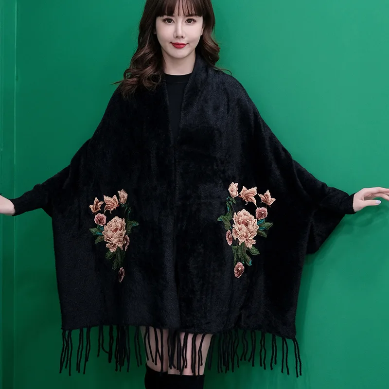 Factpry Price Mink Wool Feeling Women Winter Poncho With Sleeve Shawls and Wraps Pashmina Scarf Stoles Capes |