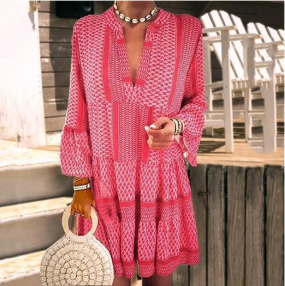 

Traf Zar Women Retro Casual Mini Dress Boho Loose Long Sleece Beach Printed Pleated Slim Party Dresses Lady Vestidos Sheines