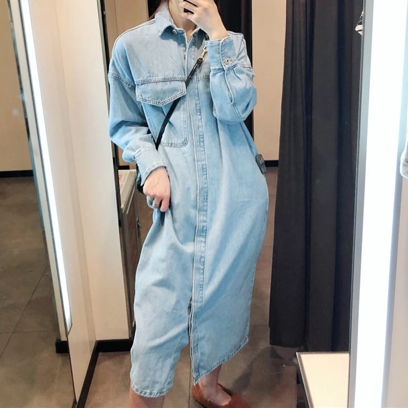 

Autumn Vintage Blue Long Denim Jackets Women Casual Solid Loose Jeans Coat Female Cowboy Windbreaker