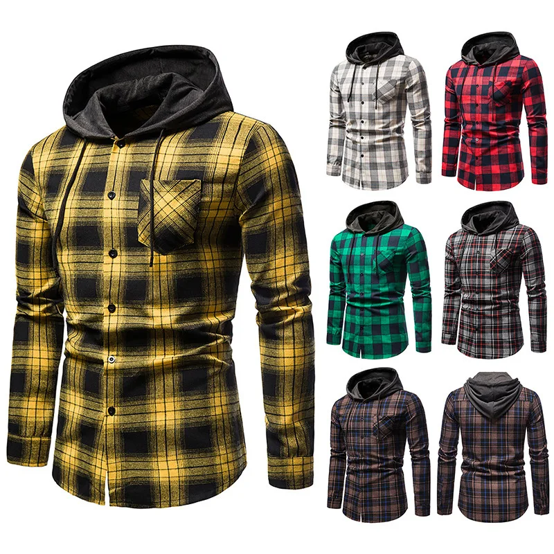 Мужская Фланелевая рубашка с капюшоном длинным рукавом | одежда