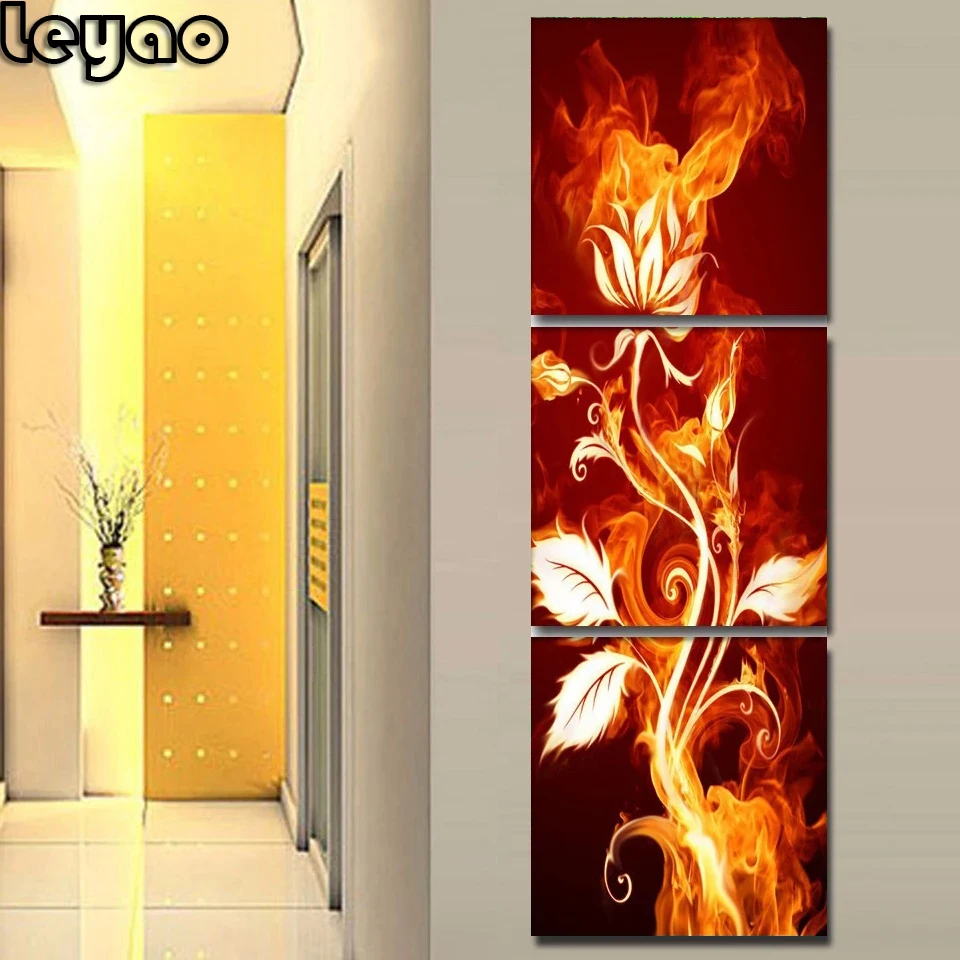 Pintura de diamante 5d Diy, mosaico abstracto, Tr&iacute;ptico, Flor de Fuego, bordado de diamantes completo, mosaico de diamantes de arte, decoraci&oacute;n del hogar-0