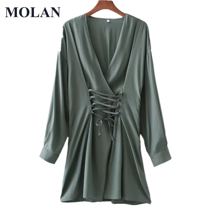 

Vintage Women Dreses Cross-Worn Rope Waist-Length Solid Long-Sleeved Female Chiffon 2021 New Stright