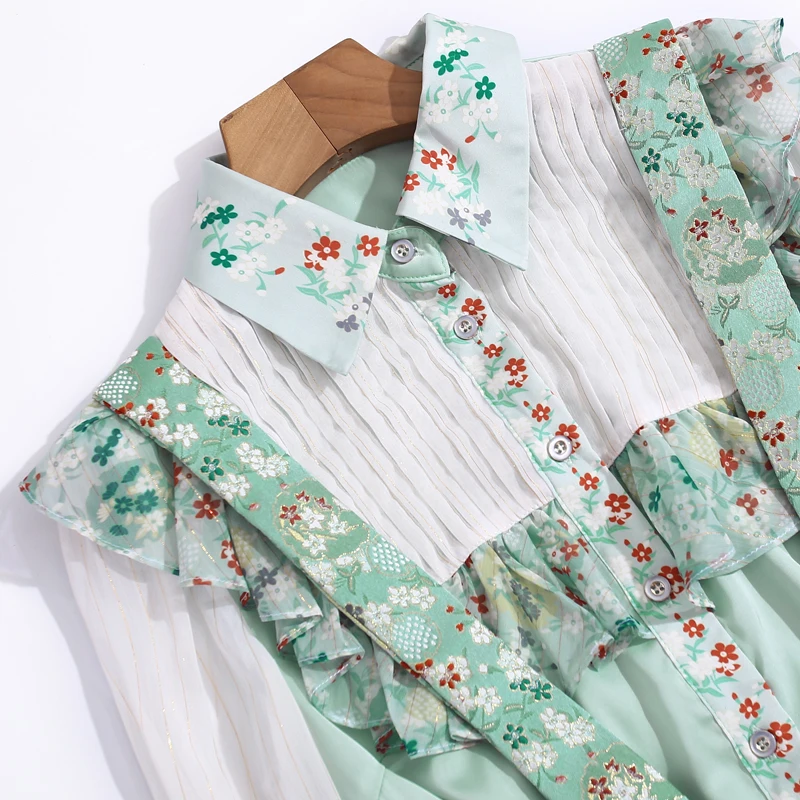 

Designer New Women Sets Spring Summer Patchwork Shirt Tops + Beading Jacquard Slim Fit Suspender Shorts Fashion Two-Piece Suit
