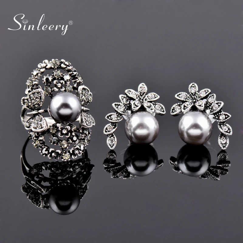 

SINLEERY Vintage Simulated Gray Pearl Jewelry Sets For Women Antique Silver Color Crystal Animal Earrings Set ZD1 SSF