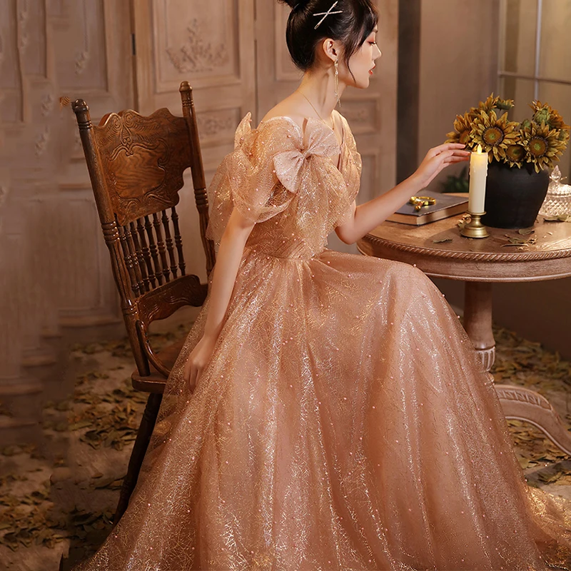 

Элегантное вечернее платье с бисером, темпераментное длинное ТРАПЕЦИЕВИДНОЕ платье принцессы с V-образным вырезом, коротким рукавом и бант...