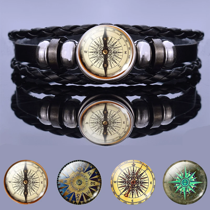 

Retro Compass Pattern Black Bracelet Glass Cabochon Jewelry Steam Punk Compass Bracelets for Men Handmade Accessories Gifts