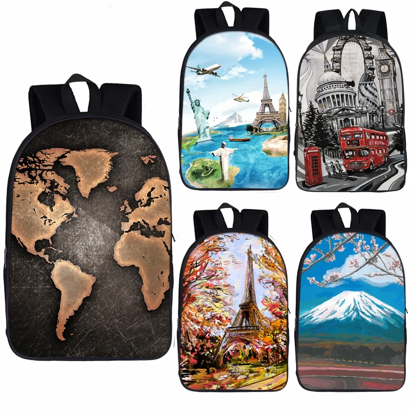 Карта мира/Лондон Пейзаж/Эйфелева башня рюкзак для мужчин и женщин дорожная
