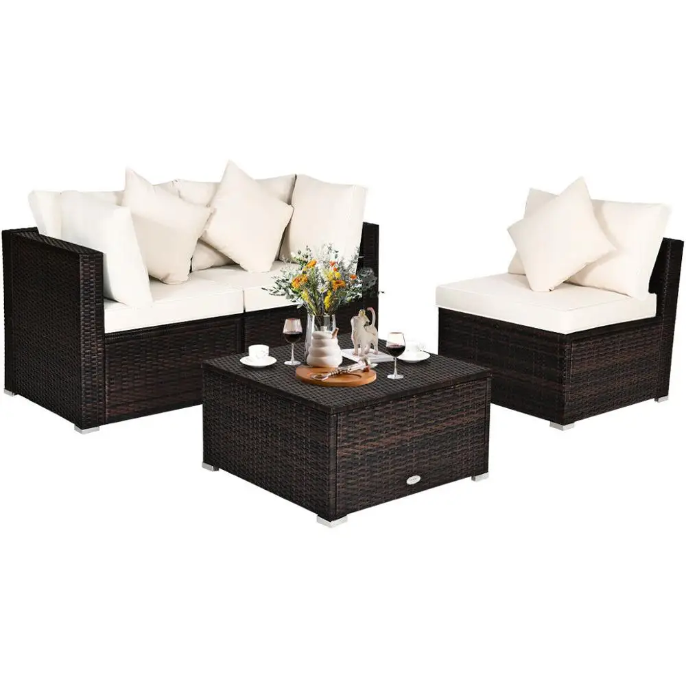 

4PCS Patio Rattan Wicker Sofa Furniture Set Cushioned Conversation Ottoman Set HW66750