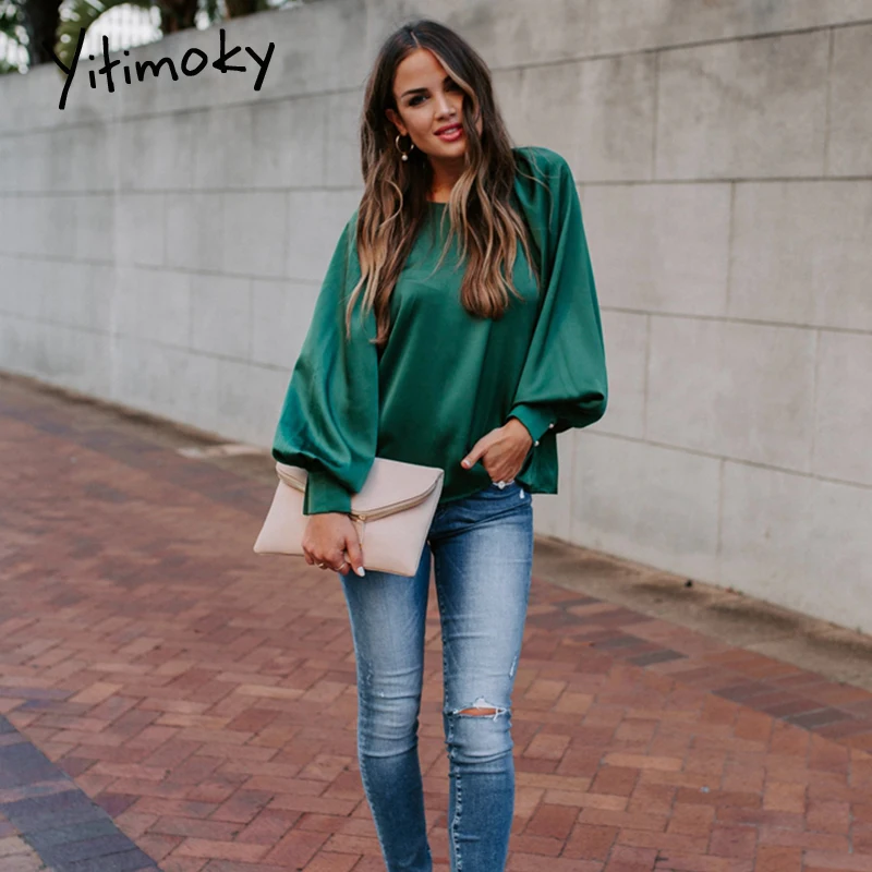 Зеленые атласные элегантные блузки женские рубашки с длинным рукавом