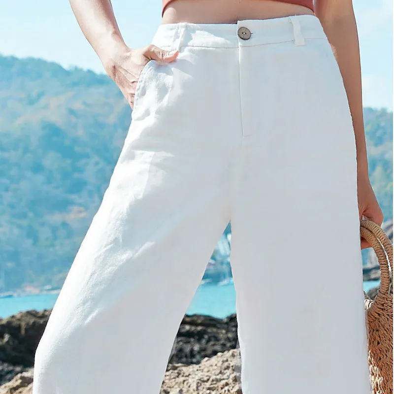 

Linen Wide Leg Pants Summer Thin Casual Pants Women's Loose Cotton Linen Women's Elastic High Waist Straight Tube Long Pants