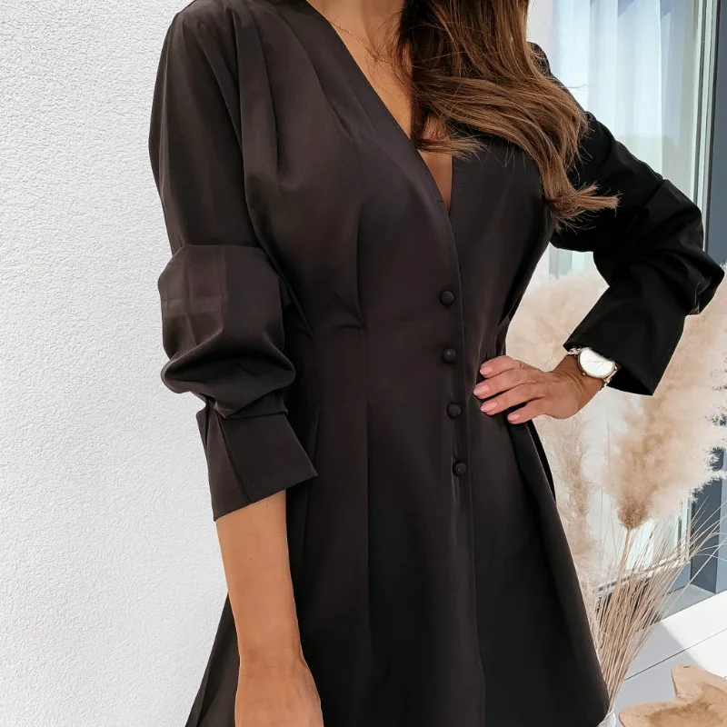 

Mini Summer Women Fashion T-Shirt Dress Turn-Down Collar Slim Office Lady Dress Elegant Solid Dresses Buttons Irregular G1346
