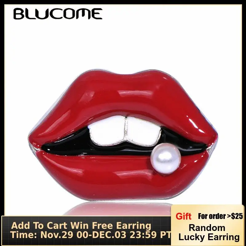 Blucome Fashion Red Lips Shape Brooches Simulated Pearl Enamel Jewelry For Women Girls Suit Coat Badge Collar Pins Accessories | Украшения