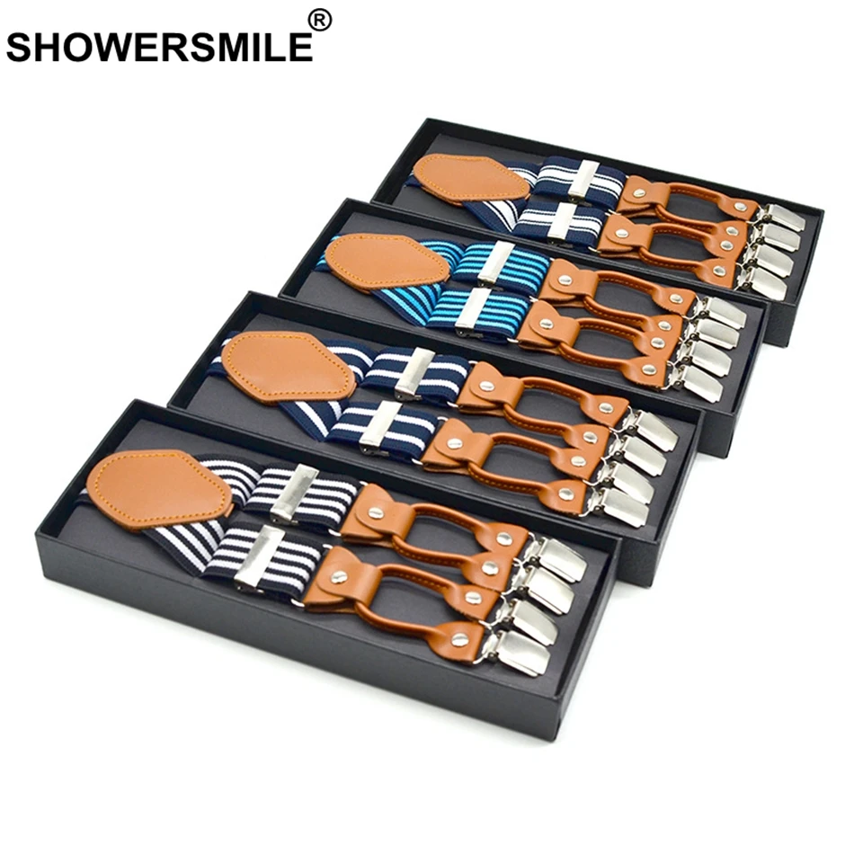 SHOWERSMILE мужские подтяжки для брюк полосатые темно синего цвета 6 зажимов модные
