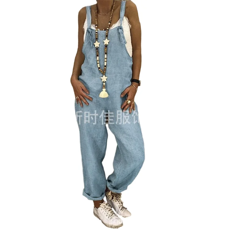 Cargo pants women loose casual plus size linen cotton one-piece overalls jumpsuit women streetwear vintage clothing