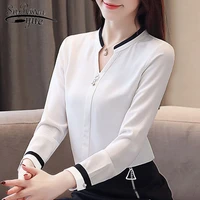 blusas mujer de moda 2021 womens tops and blouses shirts bead chiffon blouse solid v neck white shirts ladies tops full 2412