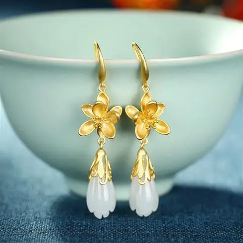 

S925 Sterling Silver Inlaid Hetian White Jade Magnolia Plum Lotus Jade Women's New Earrings Earrings Ear Hook Earrings
