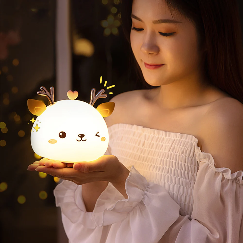 

Night Light Gifts Bedside Soft Silicone For Kids Home Decor Cartoon Cute Deer Desktop Color Changing USB Rechargeable Bedroom